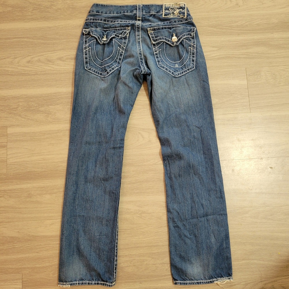 True Religion Mens Straight Blue Jeans White Stitch 32x32.5 USA Flap Pockets